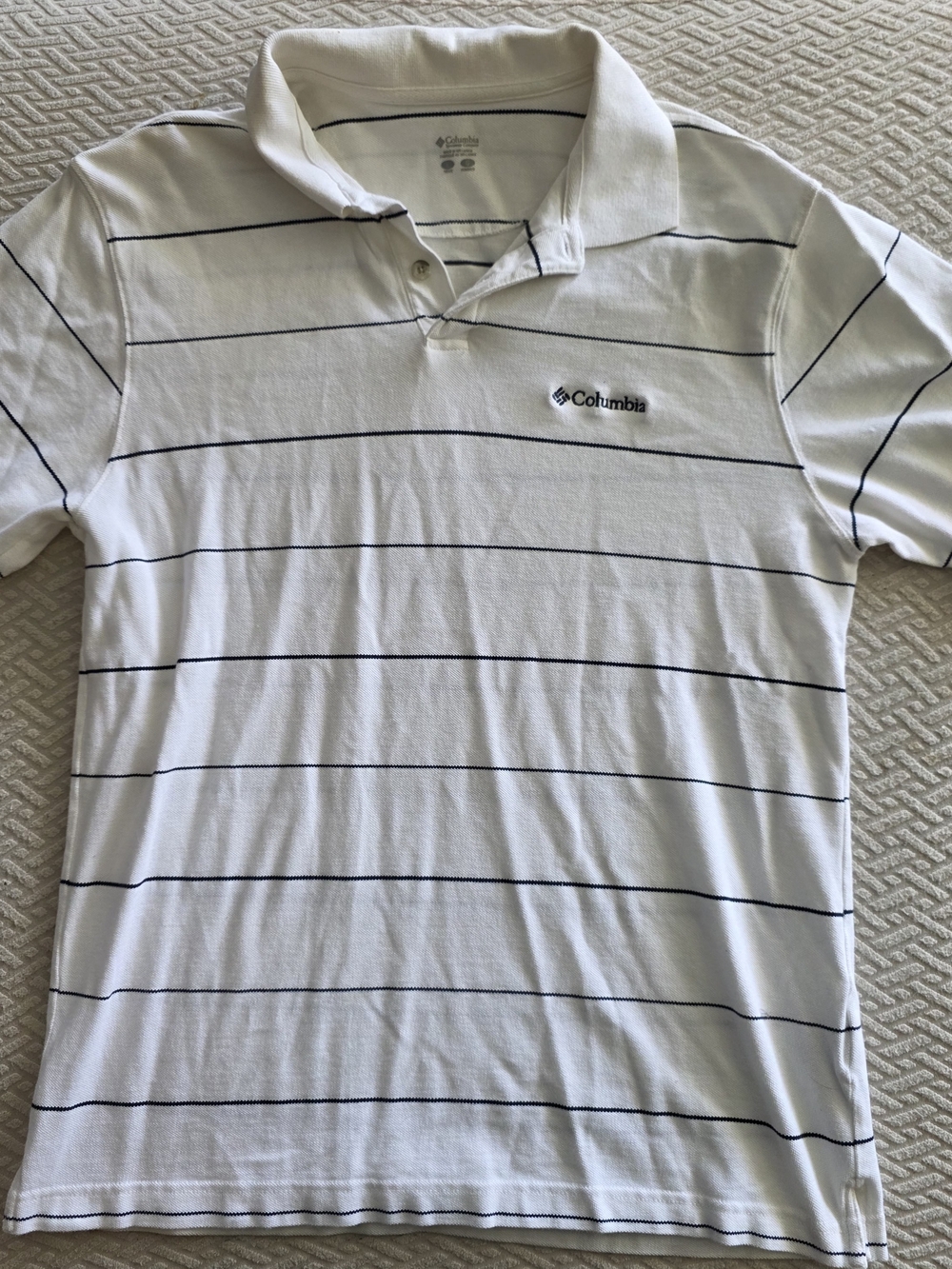 Columbia White Polo with Thin Navy Stripes